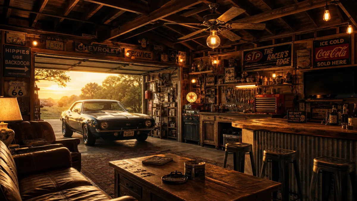 a rugged garage mancave interior at golden hour with warm tungsten lighting,…
