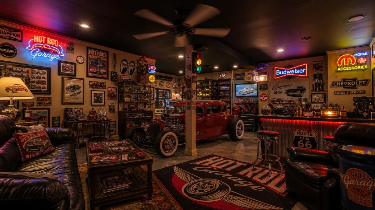 a wide shot of a fully decorated hot rod mancave with neon…
