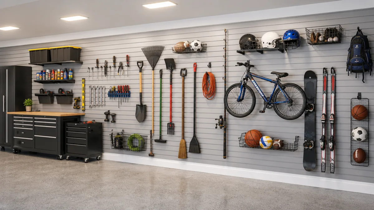a well-lit garage wall covered in organized slatwall panels with tools and…