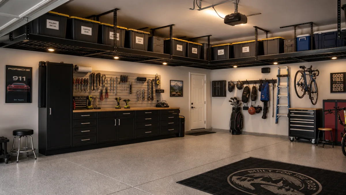 a spacious garage interior with ceiling-mounted overhead storage platforms filled with labeled…