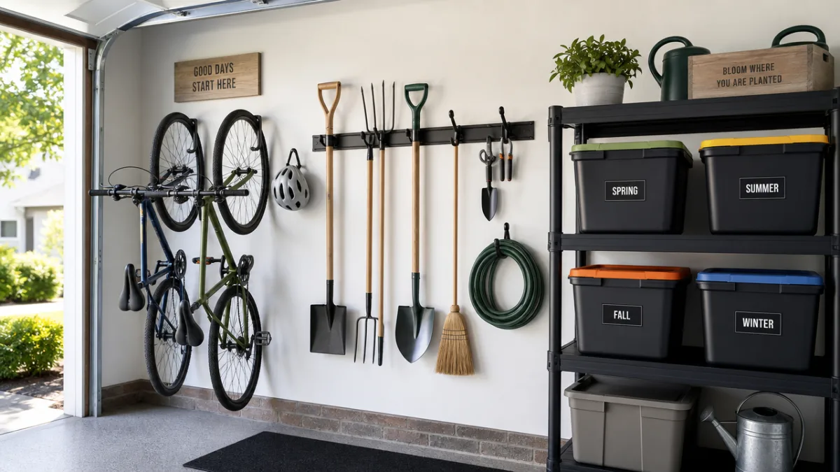 a neatly organized garage corner with bike hooks, garden tool holders, and…