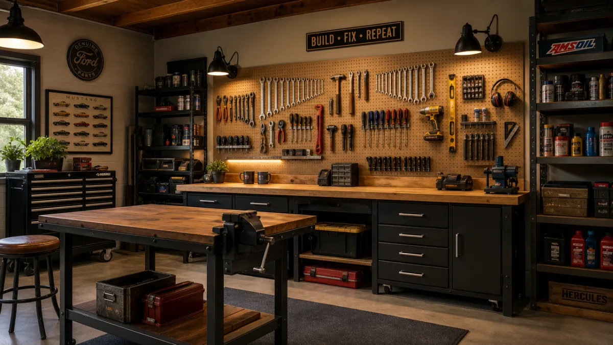 a well-organized garage workshop with wall-mounted pegboard displaying hand tools, warm workshop…