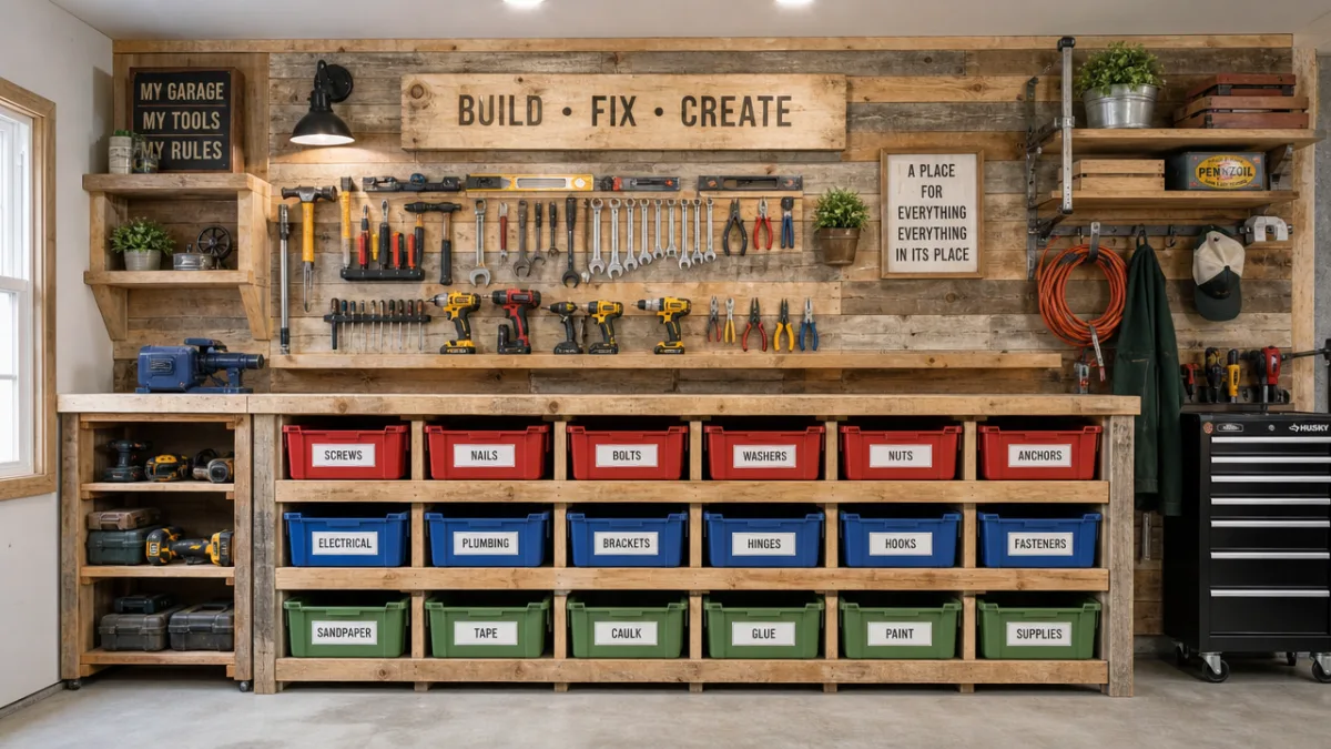 a DIY garage tool storage wall with colorful labeled bins and reclaimed…