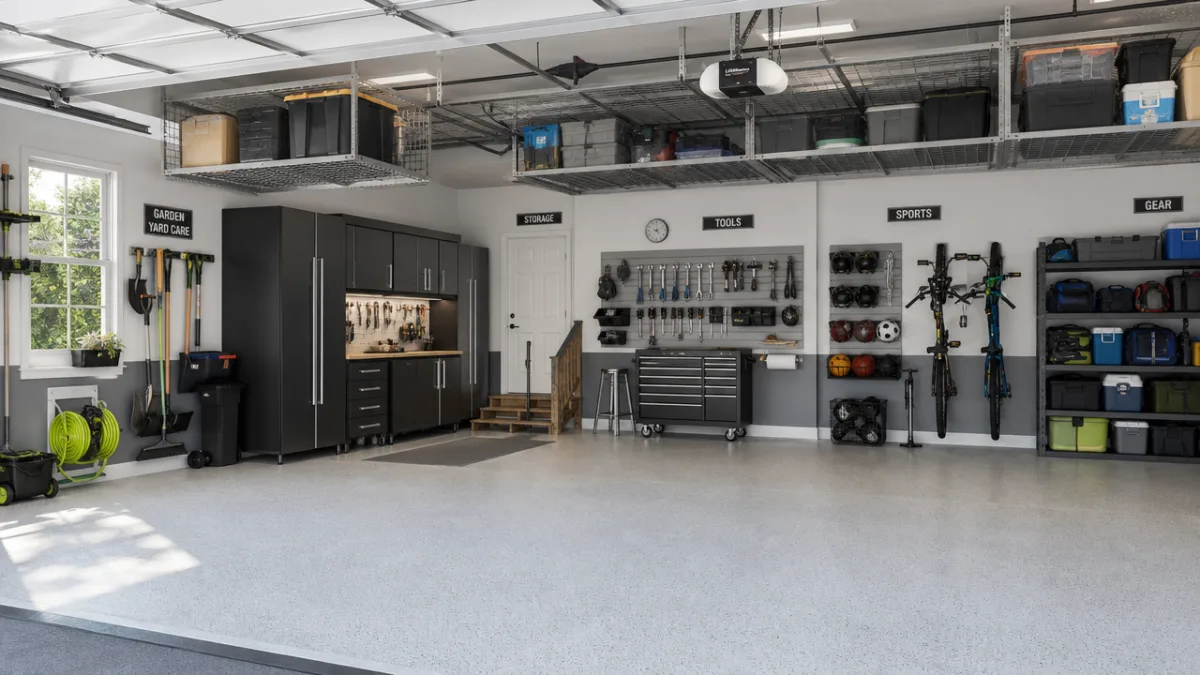 a spacious organized garage with clearly defined storage zones and overhead ceiling…