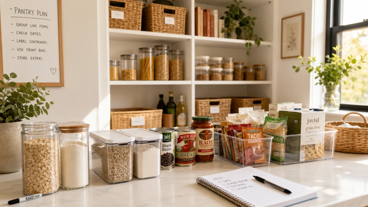 a bright and airy kitchen pantry mid-organization with items sorted on a…