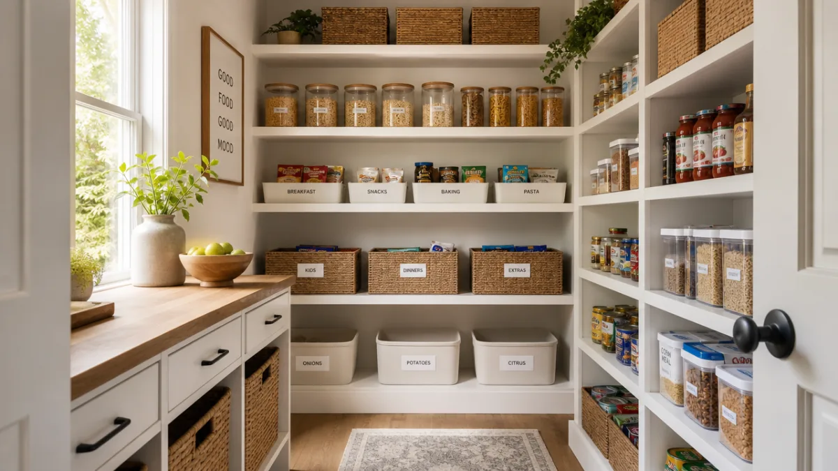 a family pantry with clean shelving, labeled bins, and soft natural light,…