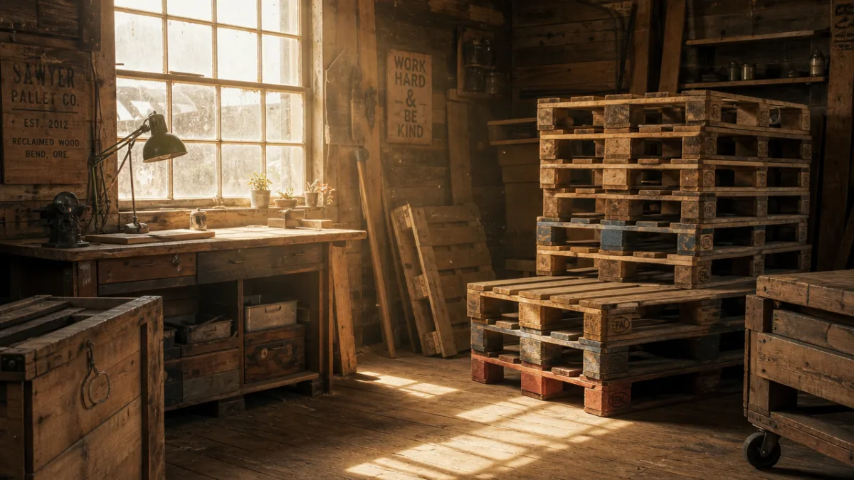 a rustic workshop with stacked reclaimed wooden pallets illuminated by warm afternoon…