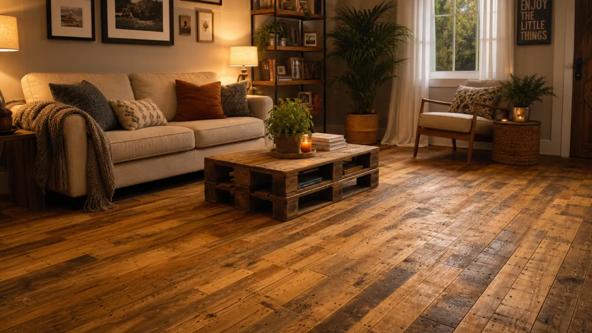 a cozy living room interior featuring a finished pallet wood floor with…