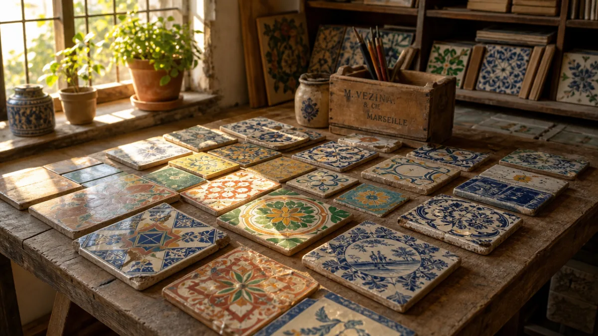 a rustic wooden table covered with a colourful assortment of vintage ceramic…