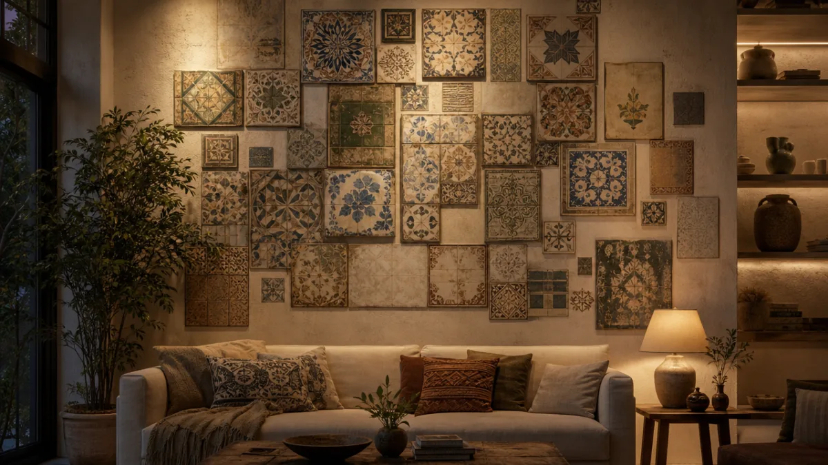 an elegant living room wall displaying an artistic arrangement of mixed vintage…