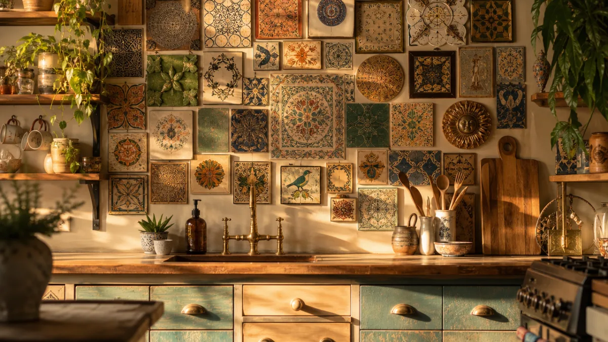 a beautifully finished bohemian kitchen wall with a complete upcycled tile art…