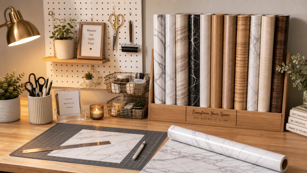 a neatly organized craft table with rolls of patterned contact paper in…