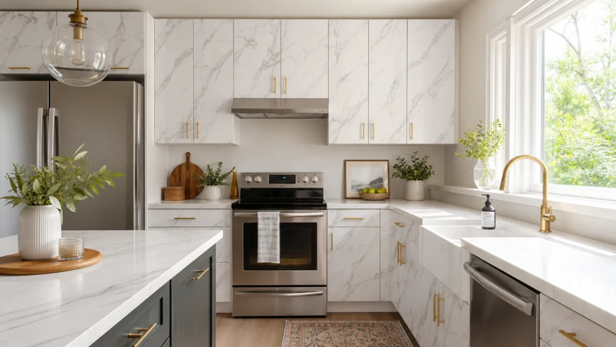 a stylish kitchen with contact paper applied to cabinet doors in marble…