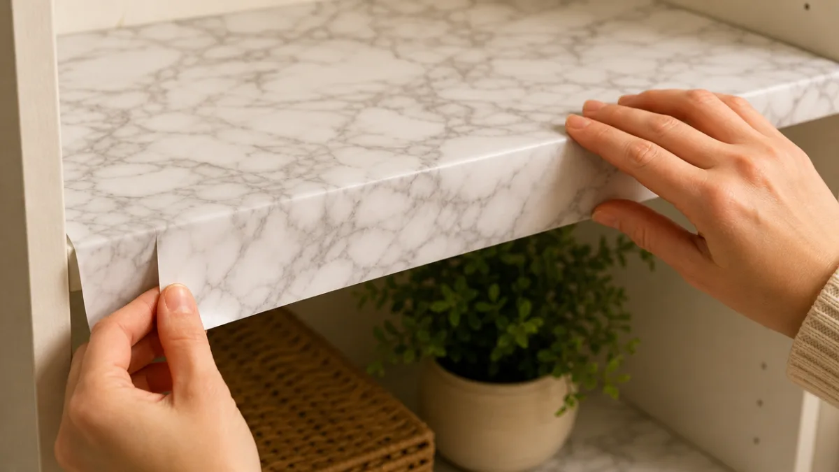 close-up of hands applying marble-effect contact paper to a shelf, warm indoor…