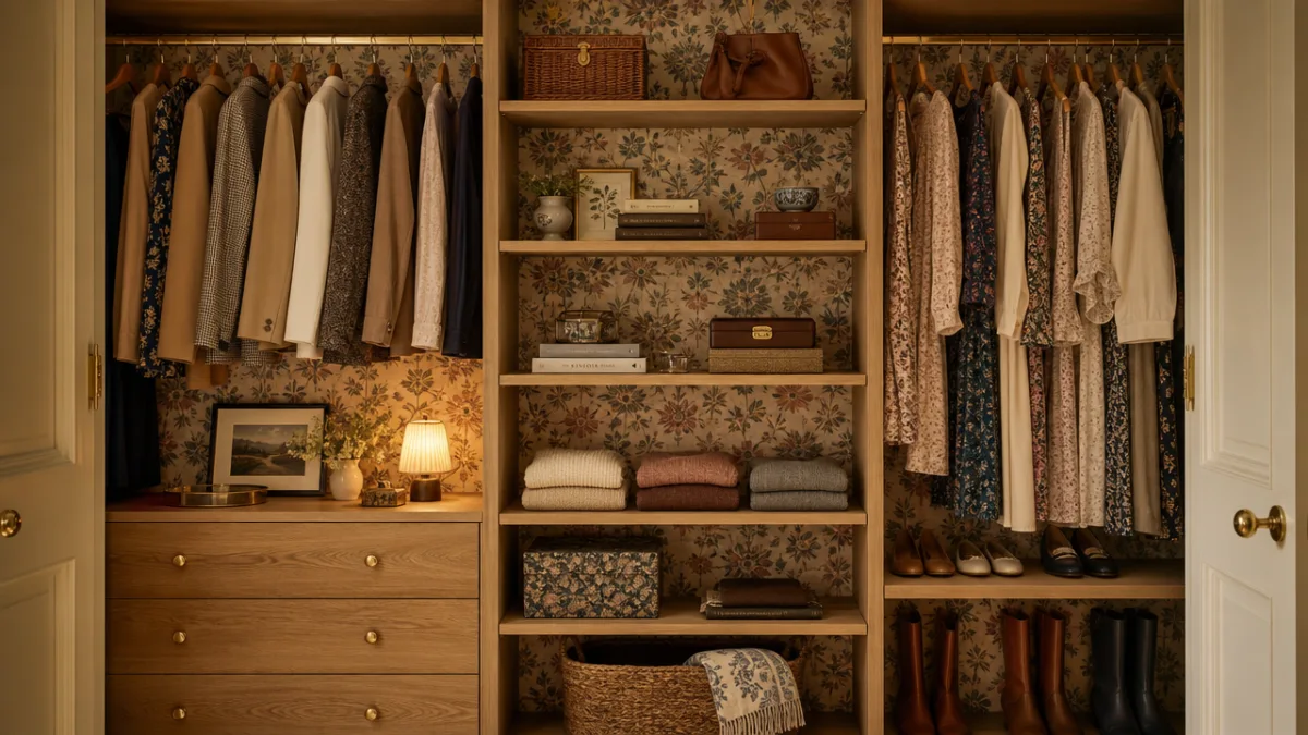 a warm, softly lit open wardrobe interior showing patterned wallpaper lining shelves…