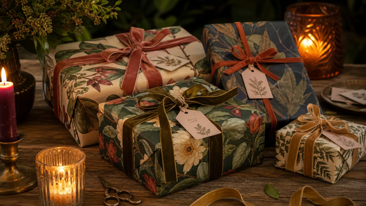 elegantly wrapped gifts covered in bold botanical wallpaper patterns on a rustic…