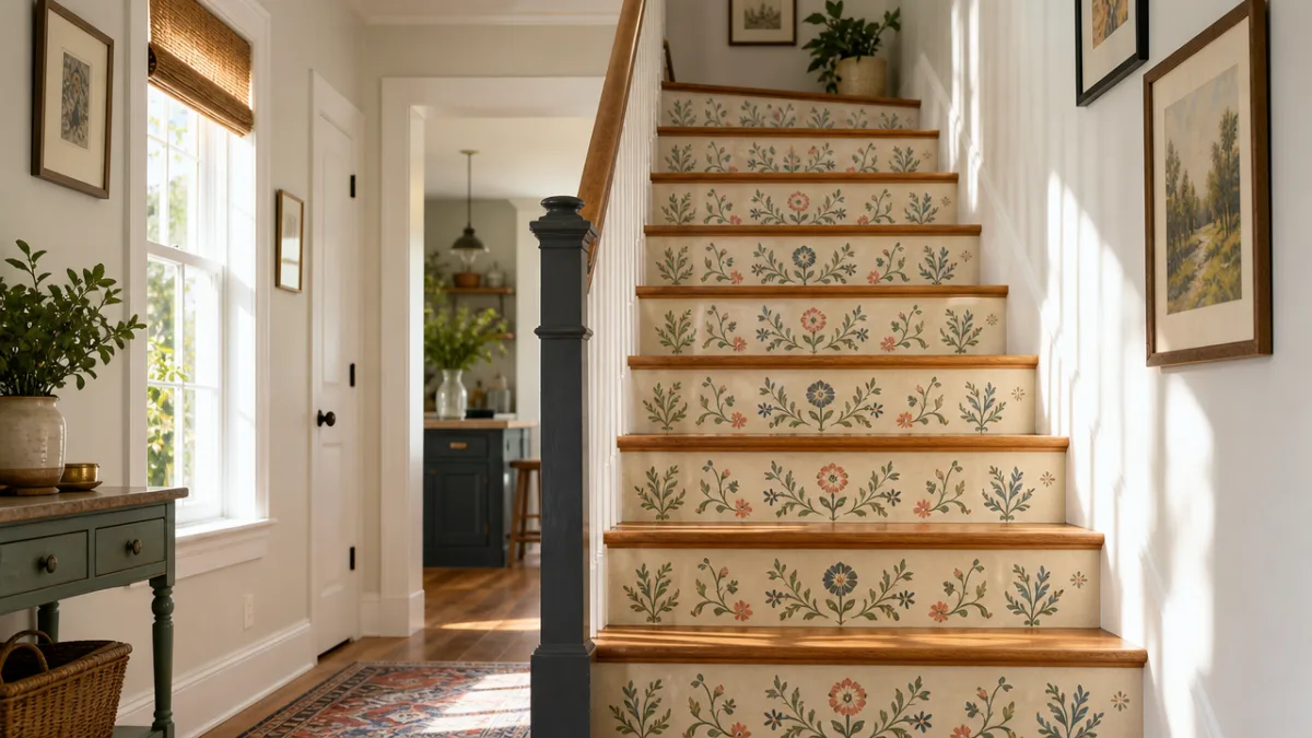 a bright hallway staircase with patterned wallpaper on the risers, afternoon light…