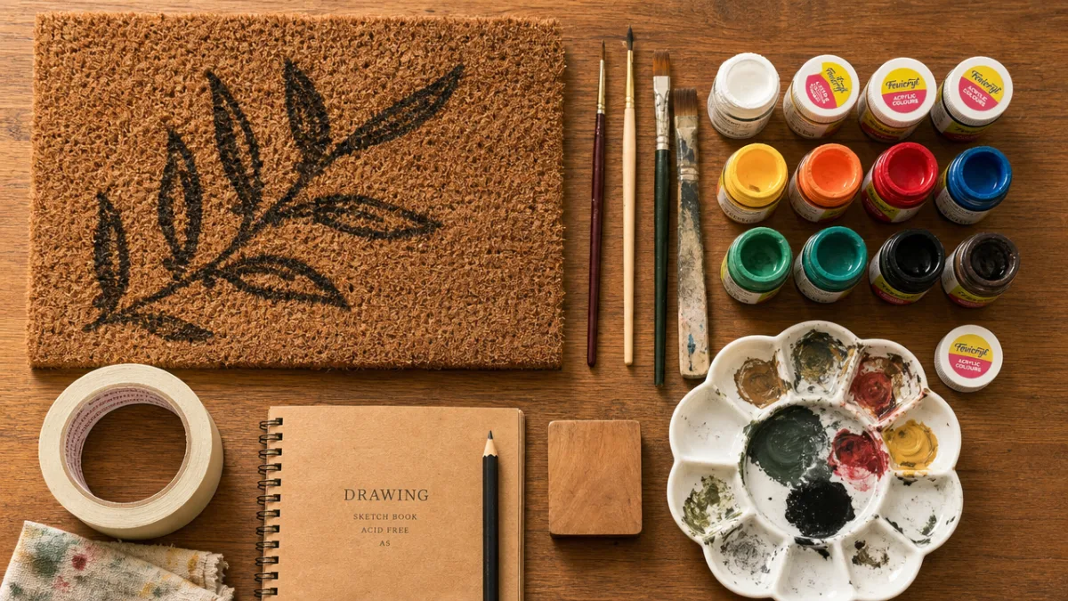 a flat lay of painting supplies on a wooden table, including coir…