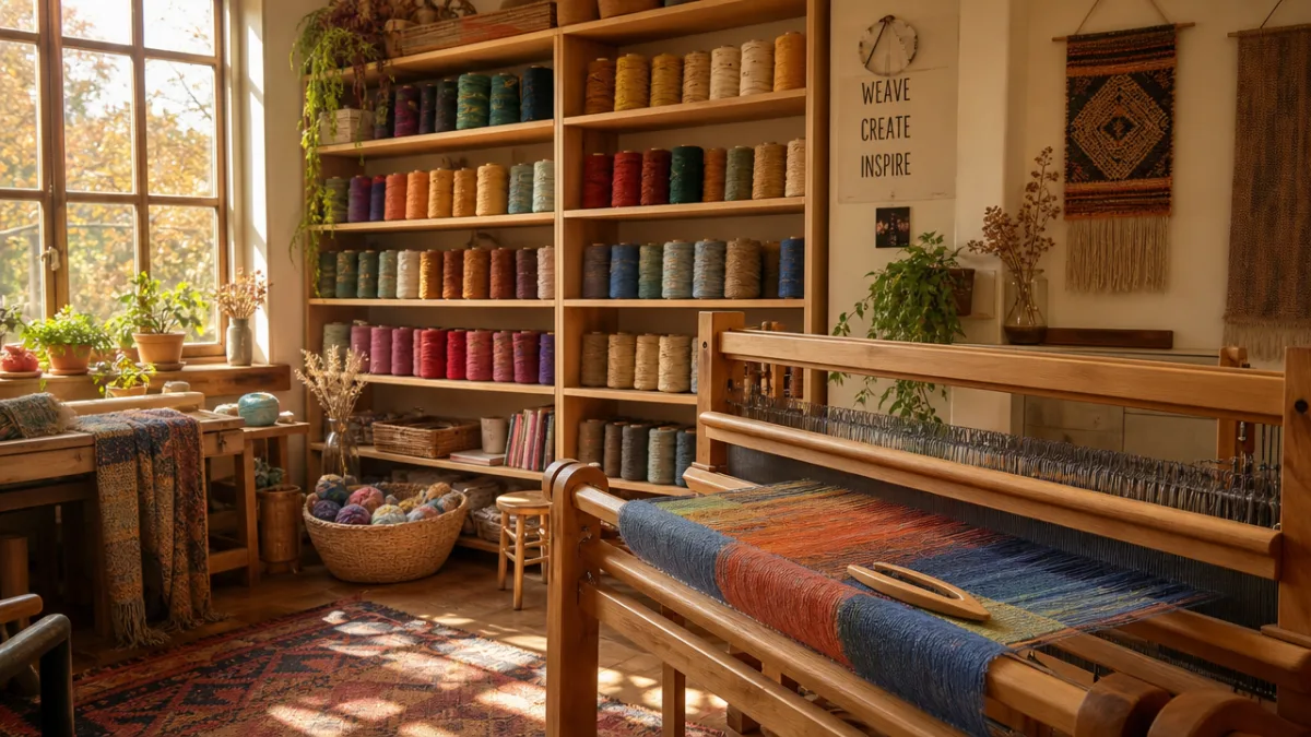 a weaver's studio bathed in warm afternoon light, colorful yarn spools arranged…
