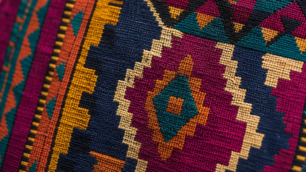 close-up detail of vibrant woven textile with bold geometric patterns in rich…