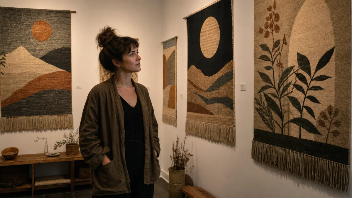 artist surrounded by finished woven tapestries hanging on a white gallery wall,…