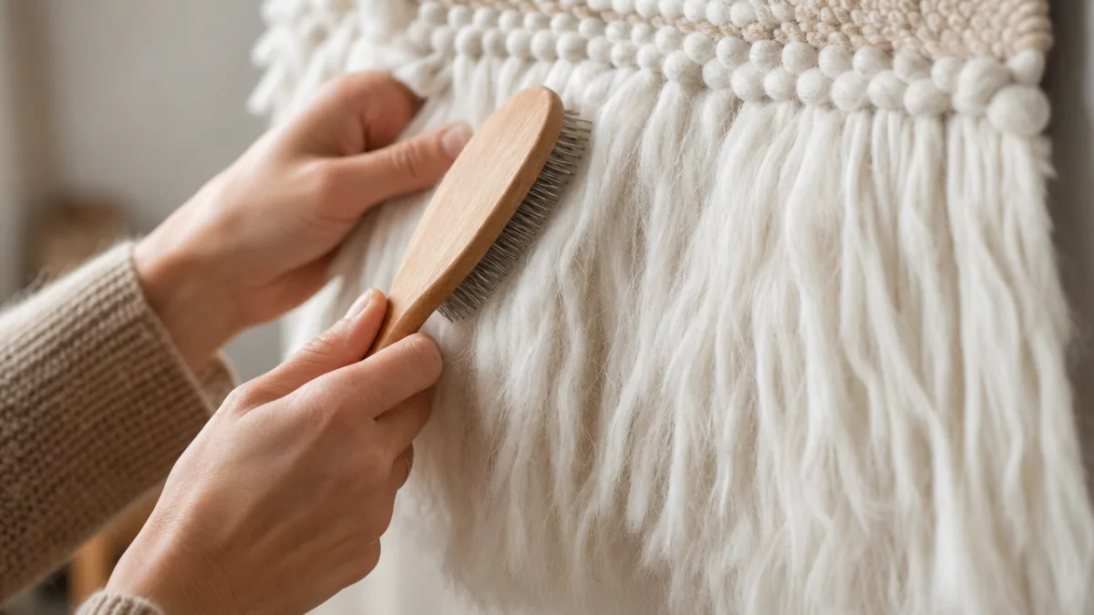 close-up of hands brushing fluffy white cotton fringe attached to a woven…