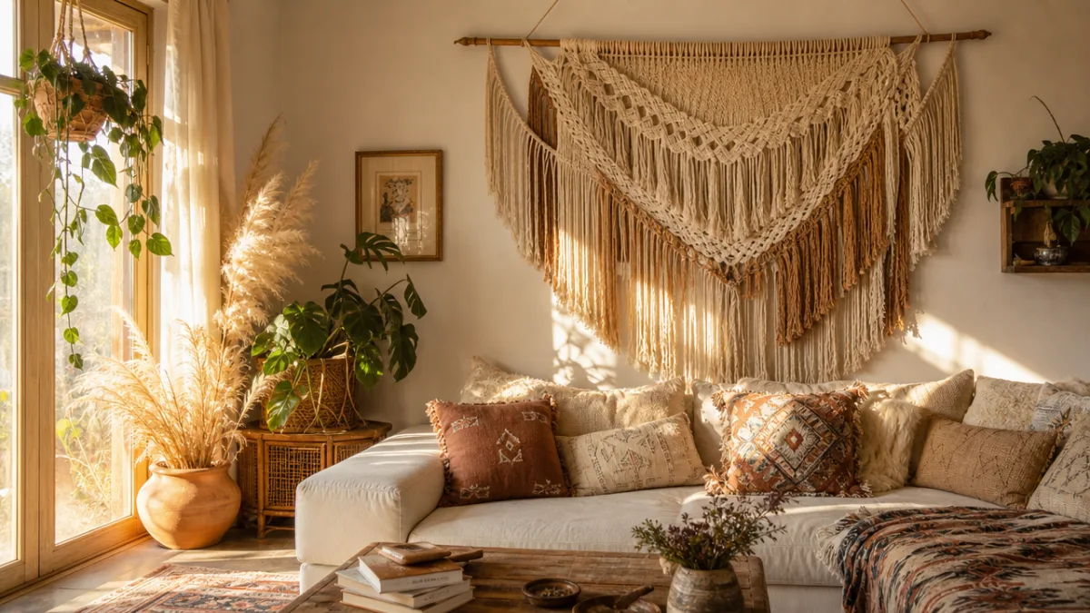 a beautifully styled bohemian living room corner with large handmade fringe wall…