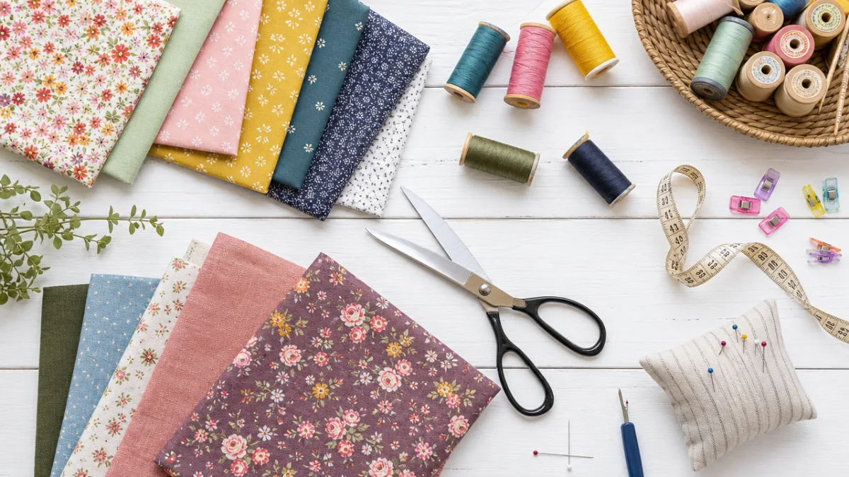 a flat lay of colorful fabric swatches, scissors, thread spools, and crafting…