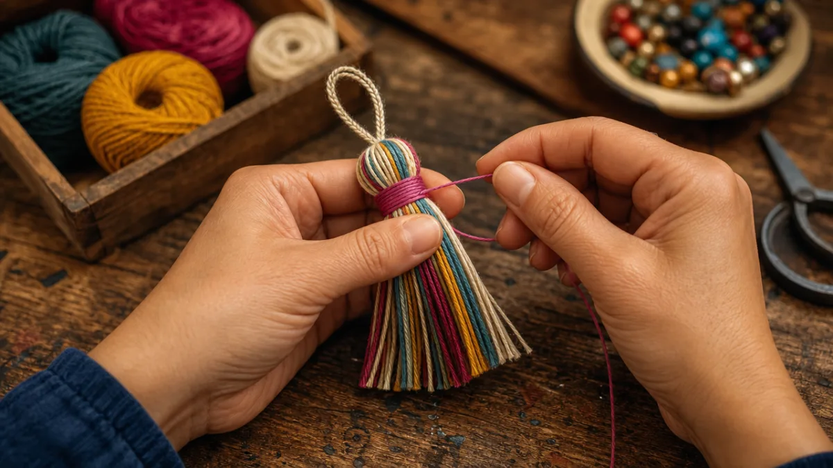 hands wrapping colorful thread around a half-finished fabric tassel on a rustic…