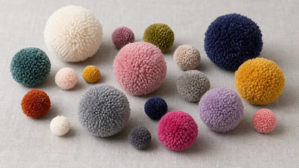 a collection of finished pom poms in various sizes and colors arranged…