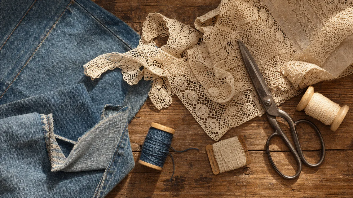 a flat lay of denim fabric, vintage lace, scissors, and sewing thread…