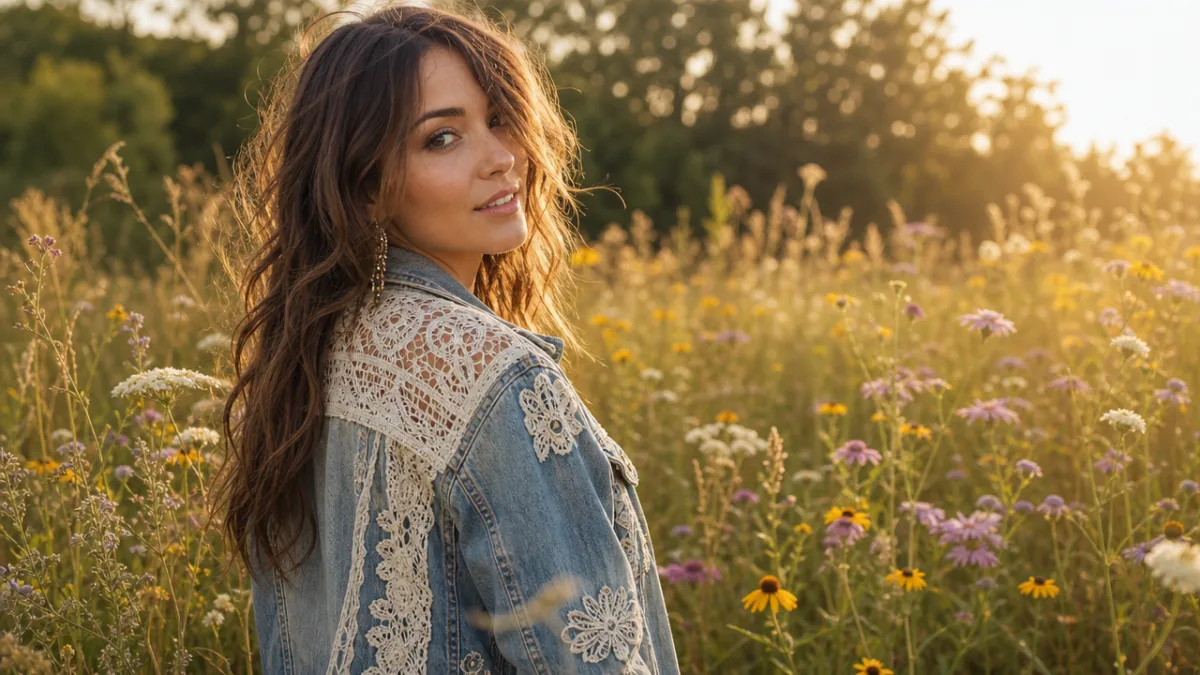 a woman wearing a boho lace denim jacket outdoors in a wildflower…