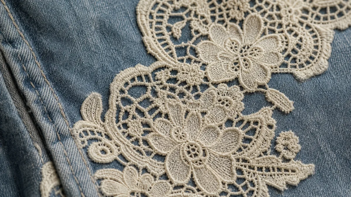a close-up detail shot of vintage lace stitched onto denim fabric showing…
