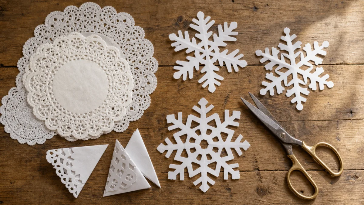 a flat lay of white paper doilies, scissors, and folded snowflakes on…