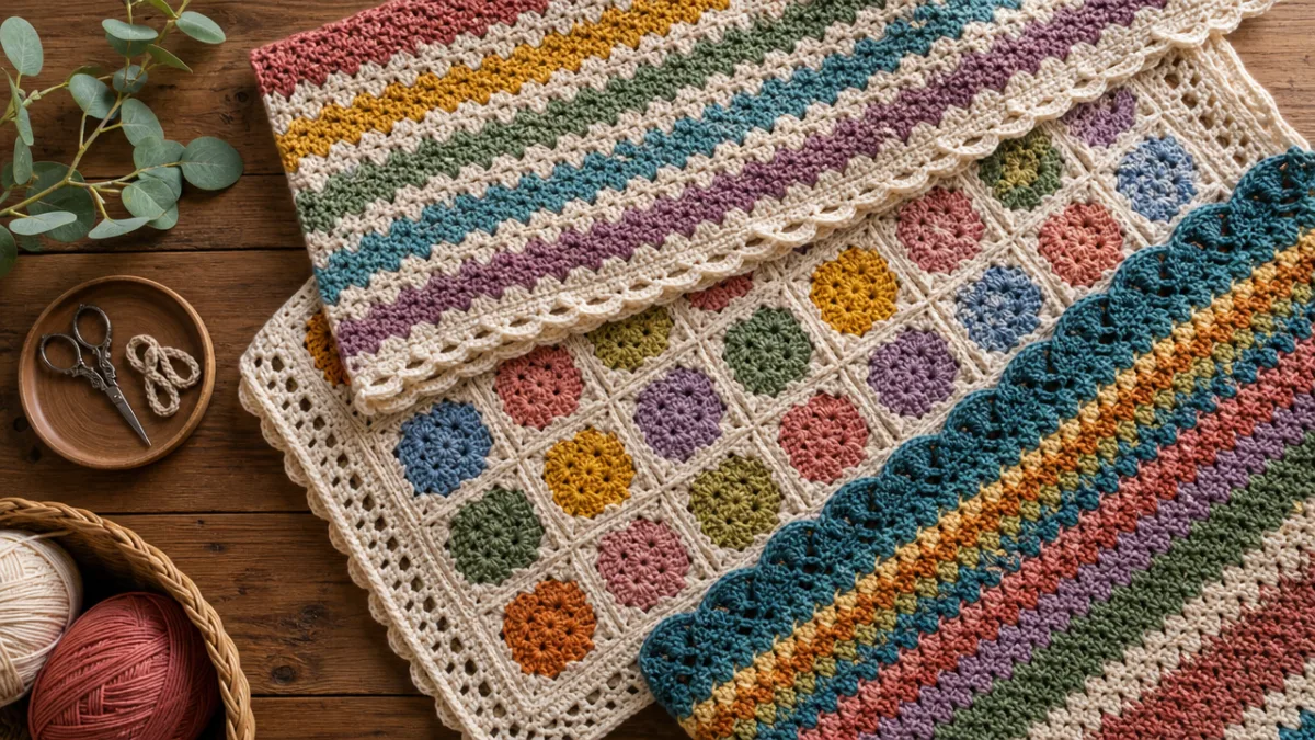 a flat lay of colorful crocheted blankets with decorative borders on a…
