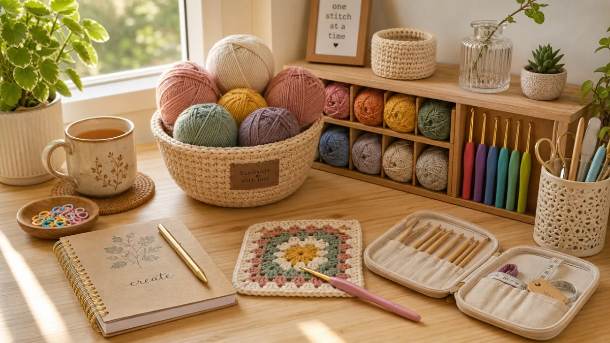 a neatly organized crochet workspace with yarn, hooks, and tools on a…