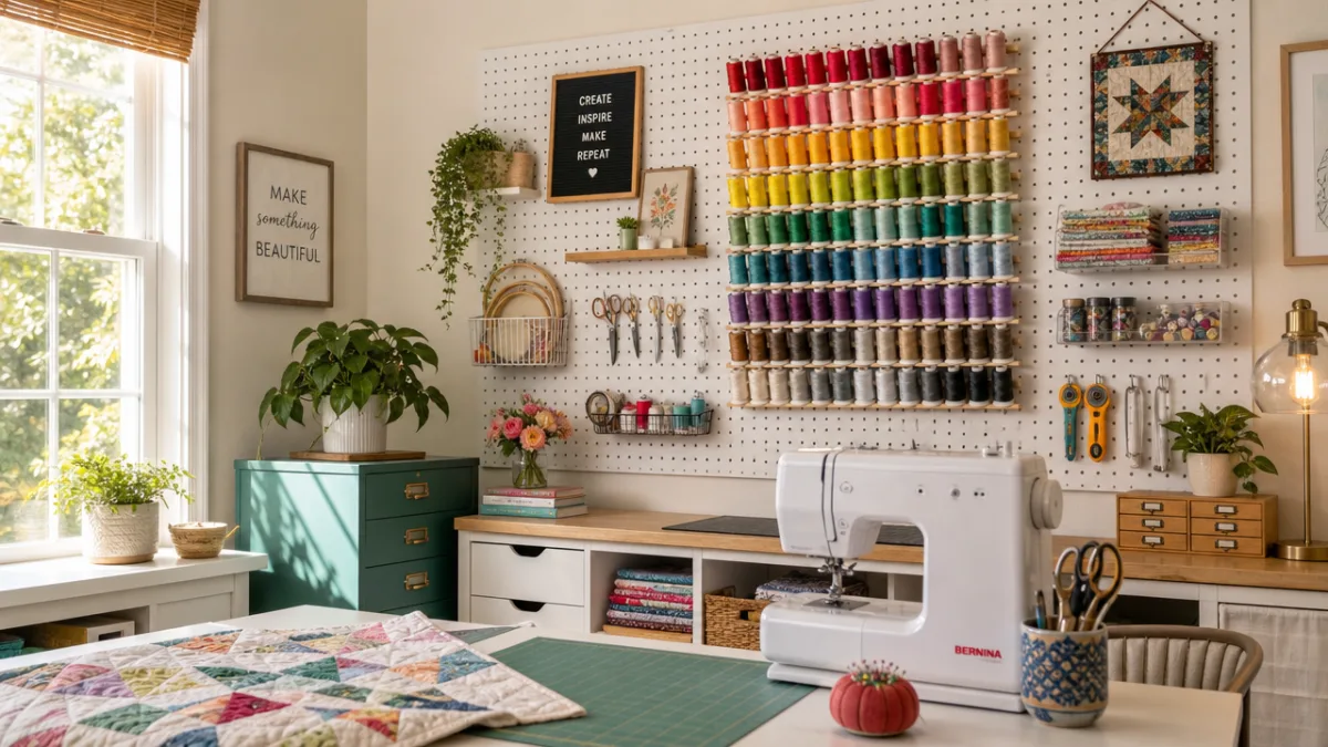 a well-lit sewing room with organized pegboard wall, colorful thread spools arranged…