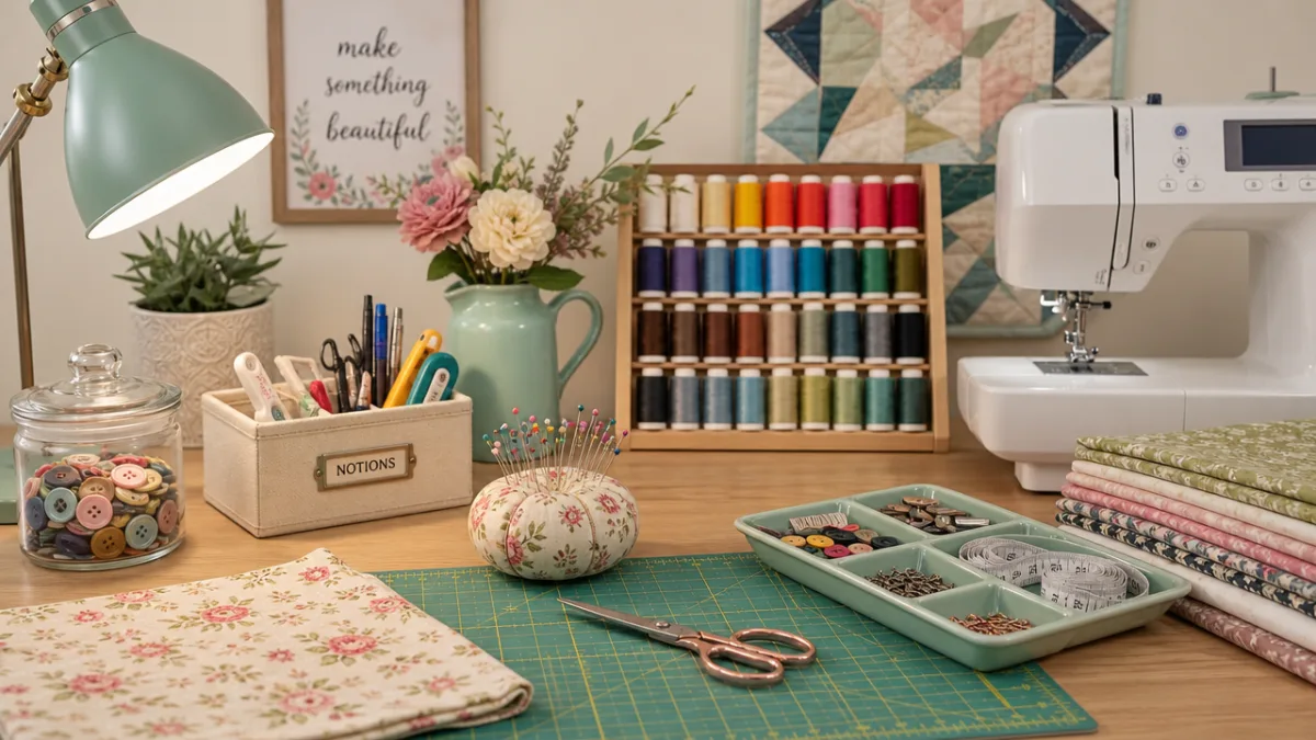 a tidy sewing table with organized notions, pincushion, scissors, and colorful thread…