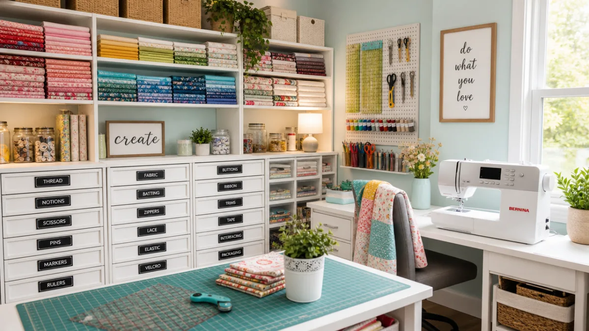 a beautifully organized craft room with labeled drawers, fabric stacks, and a…
