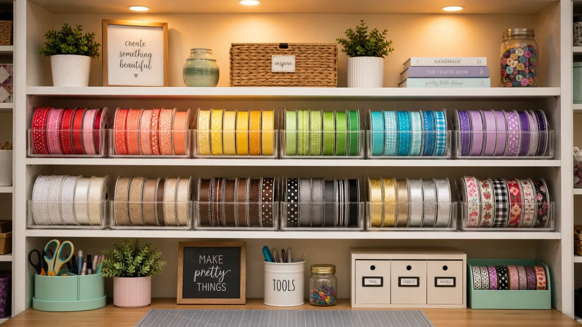 a neatly organized craft studio shelf with colorful ribbon spools in clear…