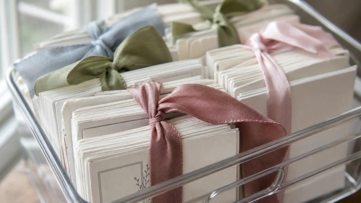 close-up of ribbon wound around small cards arranged inside a clear bin,…