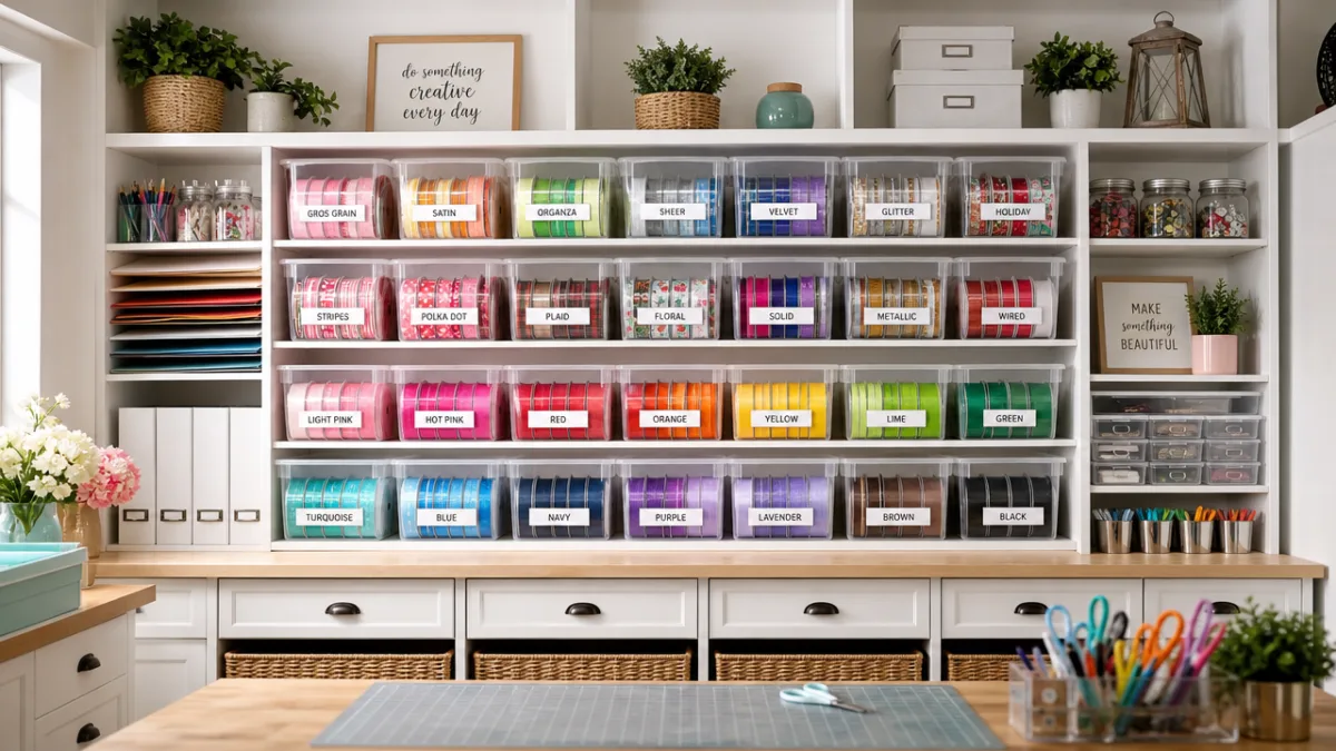 organized craft room shelving unit with labeled clear bins of ribbon, bright…