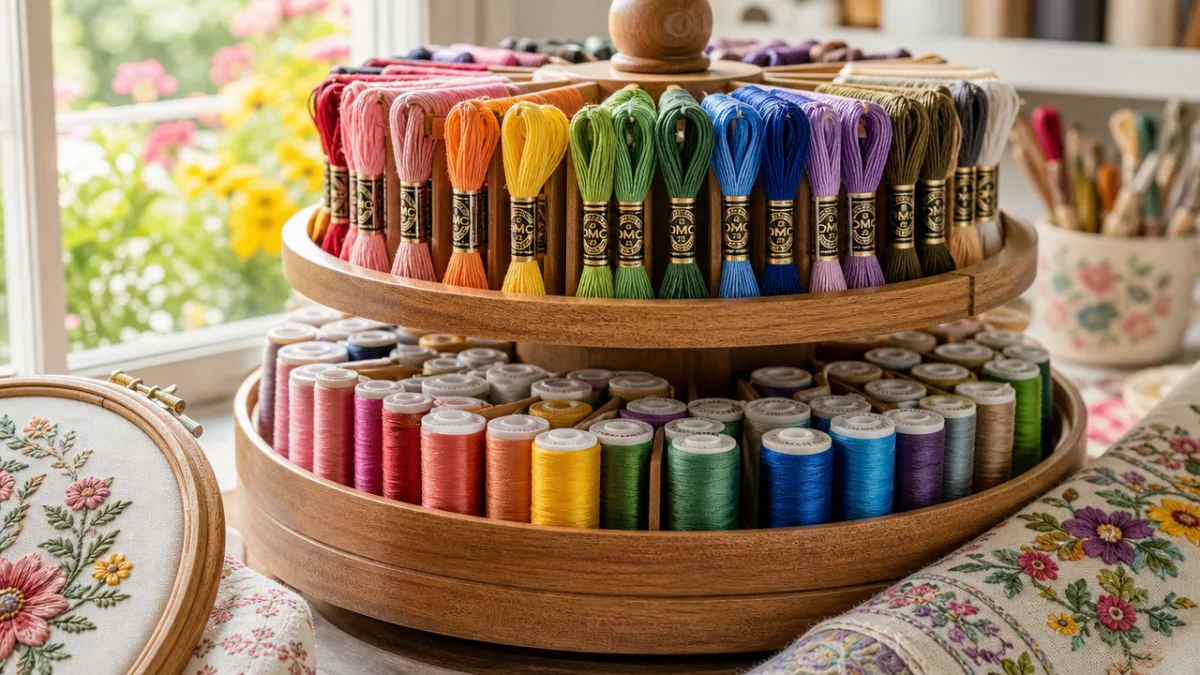 close-up of colorful embroidery and sewing threads neatly arranged on a wooden…