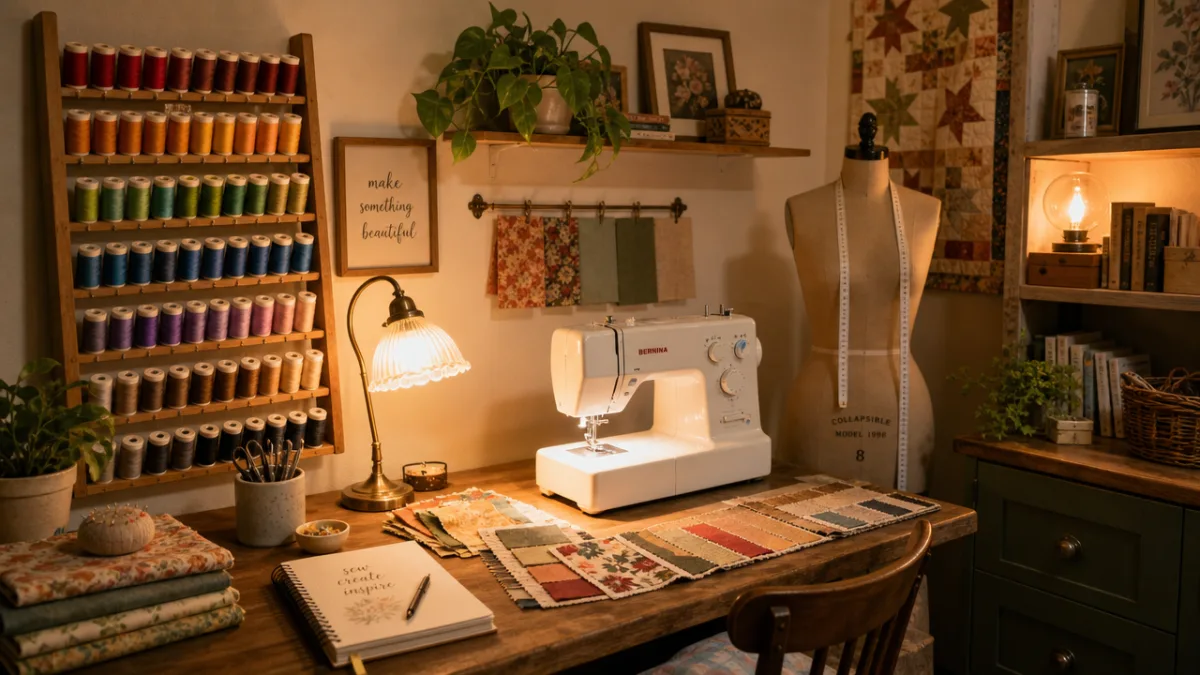 a cozy sewing studio corner with organized thread rack, sewing machine, fabric…