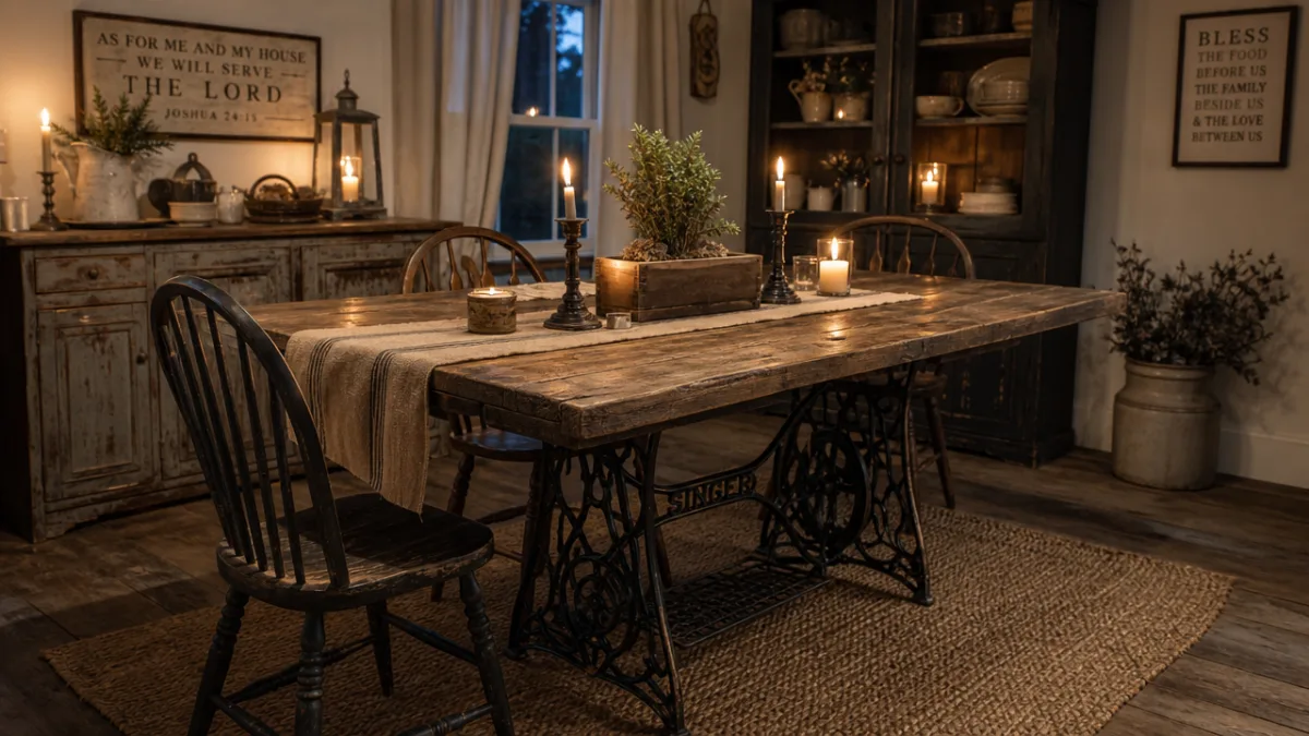 a rustic farmhouse dining room featuring a sewing machine treadle base table…