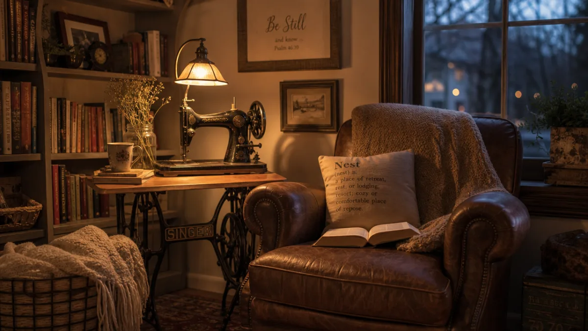 a cozy reading nook with a vintage sewing machine lamp glowing warmly…
