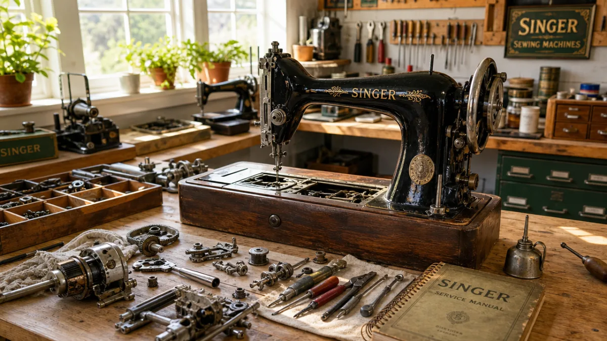 a bright craft workshop with vintage sewing machine parts being restored on…