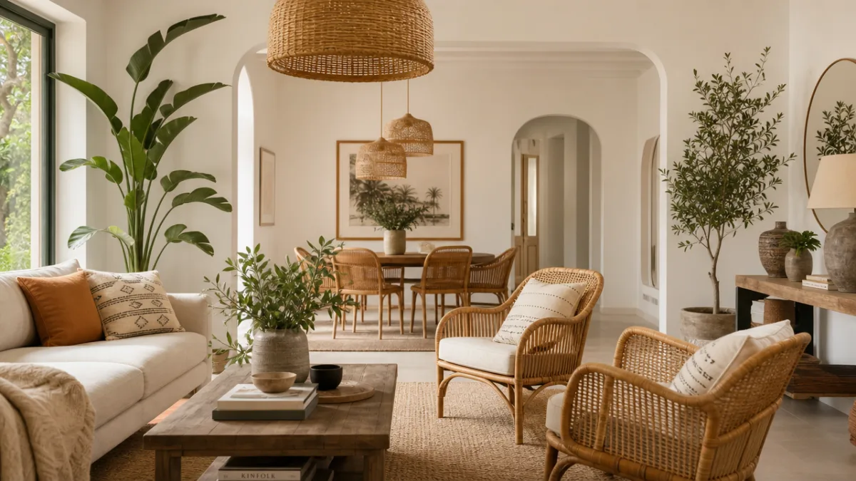 an elegantly styled home interior with rattan chairs, woven pendant lights, and…