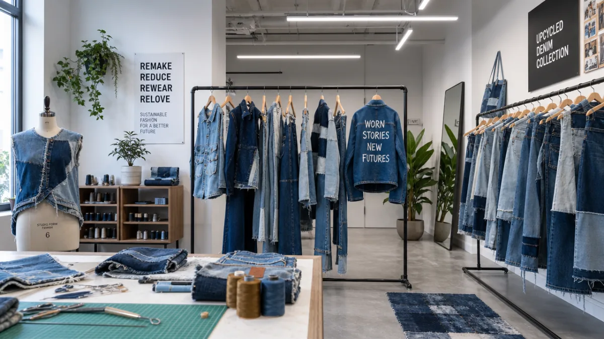 a modern sustainable fashion studio displaying upcycled denim garments on hangers, cool…