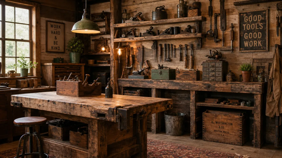 a warmly lit rustic workshop with repurposed wood furniture and vintage tools…